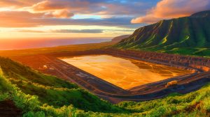 Illustration de la découverte d'un gigantesque gisement d'or à Hawaï et de ses implications économiques et environnementales.
