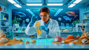 Illustration de la création d'un matériau biodégradable à partir de minéraux de coquillages et de polymères naturels.