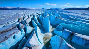 Illustration de l'éruption d'un lac sous-glaciaire au Groenland fracturant la calotte glaciaire.