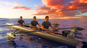 Illustration de trois frères écossais traversant le Pacifique à la rame dans un bateau inspiré de la Formule 1.