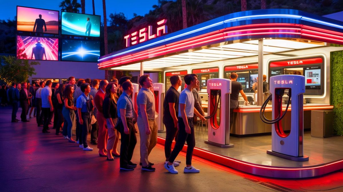 Elon Musk ouvre un restaurant Tesla : « un voyage gastronomique hors du commun » selon une journaliste américaine, mais attention aux goûts atypiques Illustration de l'inauguration du premier restaurant Tesla mêlant nostalgie rétro et modernité futuriste.