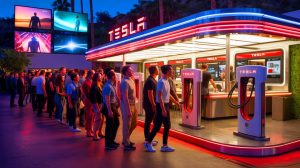 Illustration de l'inauguration du premier restaurant Tesla mêlant nostalgie rétro et modernité futuriste.