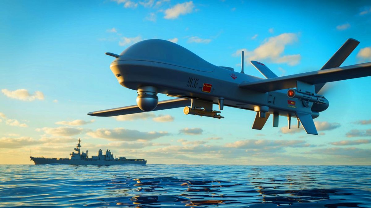 « Le drone chinois a verrouillé sa cible » : WZ-7 et WZ-10 traquent un navire de guerre étranger en pleine mission urgente Illustration de drones chinois traquant un navire de guerre hostile en mer.