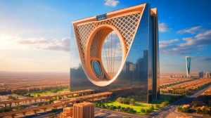 Illustration de l'imposant Mukaab à Riyad, symbole de l'innovation architecturale et du développement économique saoudien.