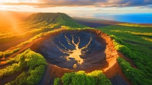 Illustration de la découverte d'un gigantesque gisement d'or à Hawaï et ses implications économiques et environnementales.