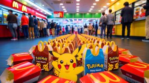 Illustration de la ruée vers les cartes Pikachu exclusives chez McDonald's au Japon entraînant un gaspillage alimentaire.