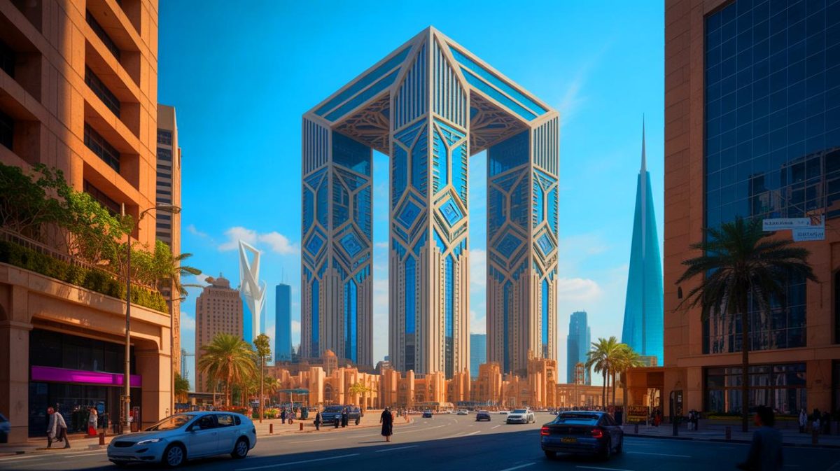 Illustration de l'imposant Mukaab à Riyad, futur plus grand bâtiment du monde en volume.