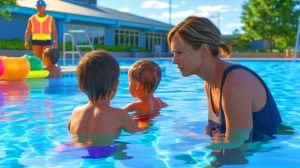 Illustration de la vigilance parentale dans une piscine municipale surveillée.