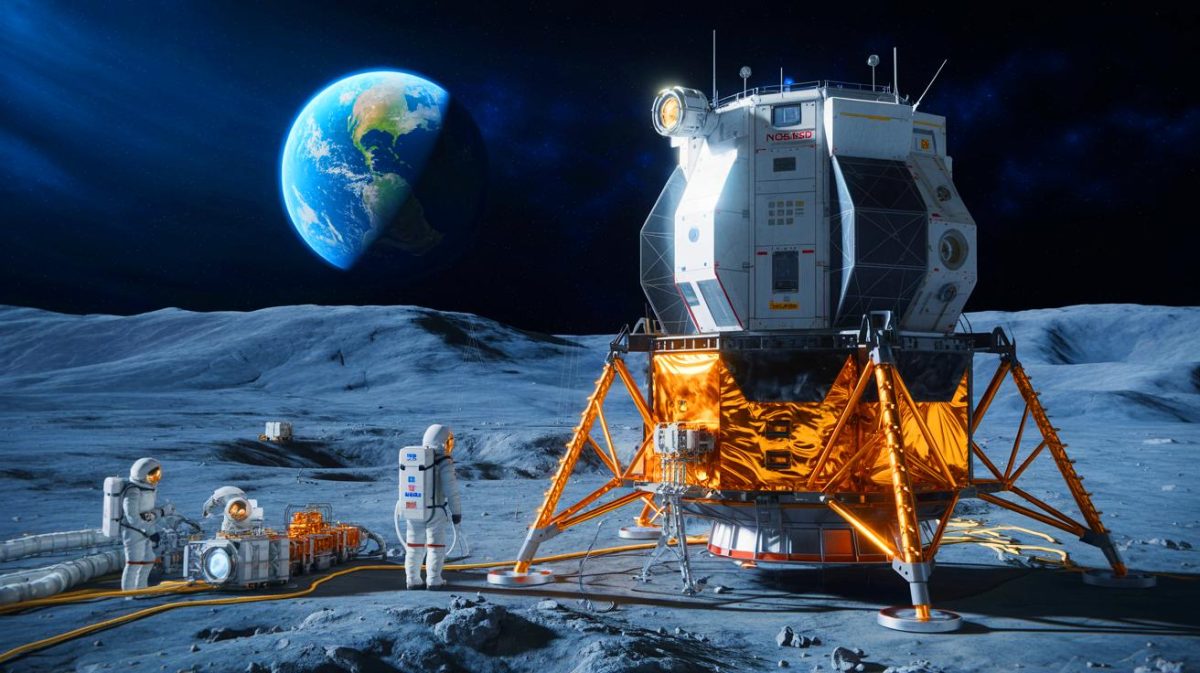 « Ils veulent contrôler la Lune » : la NASA accélère son réacteur lunaire pour empêcher la Chine de dominer l’espace avant 2030 Illustration de la construction prévue d'un réacteur nucléaire de 100 kilowatts sur la Lune par la NASA.