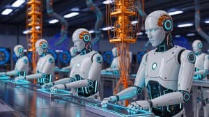Illustration de robots humanoïdes travaillant dans une usine grâce à l'informatique quantique.