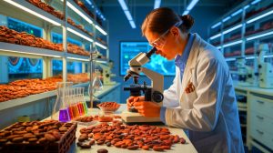 Illustration de la manipulation microbienne pour créer des saveurs de chocolat en laboratoire.