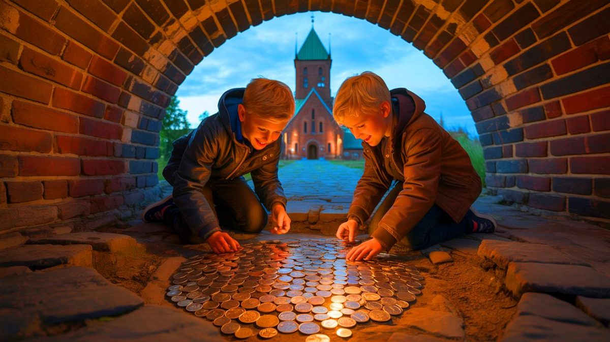 « C’est le plus gros trésor jamais trouvé » : deux enfants découvrent 14 pièces d’argent du XIIIe siècle sous une église norvégienne Illustration de la découverte de pièces médiévales sous une église norvégienne par deux frères.