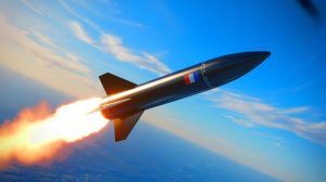Illustration de l'essai réussi du missile hypersonique V-MAX par la France, symbolisant son avancée technologique en défense.