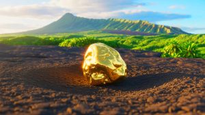 Illustration de la découverte d'un vaste gisement d'or à Hawaï et de ses implications économiques et environnementales.