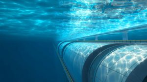 Illustration de la connexion transcontinentale entre l'Afrique et l'Europe par un tunnel sous-marin.