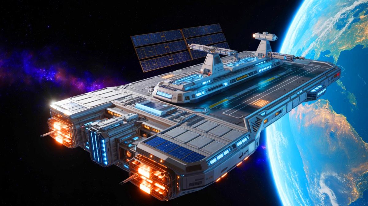 « Un hangar d’acier flotte dans le vide » : la Space Force mise sur le porte-avions orbital de Gravitics pour des déploiements satellites instantanés et protégés Illustration de la collaboration entre la Space Force et Gravitics pour le développement d'un porte-avions orbital.
