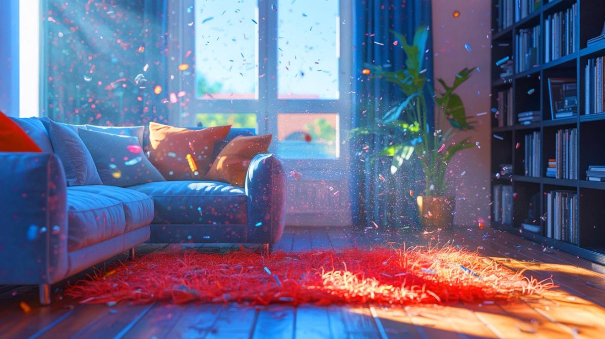 Votre salon dissimule cette menace toxique respirée par vos enfants 62 000 fois par jour Illustration de la pollution microplastique invisible dans l'air intérieur de nos foyers.