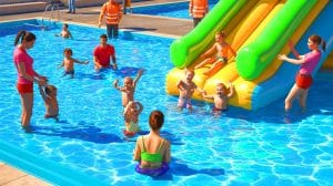 Illustration de la vigilance parentale nécessaire lors d'activités en piscine.