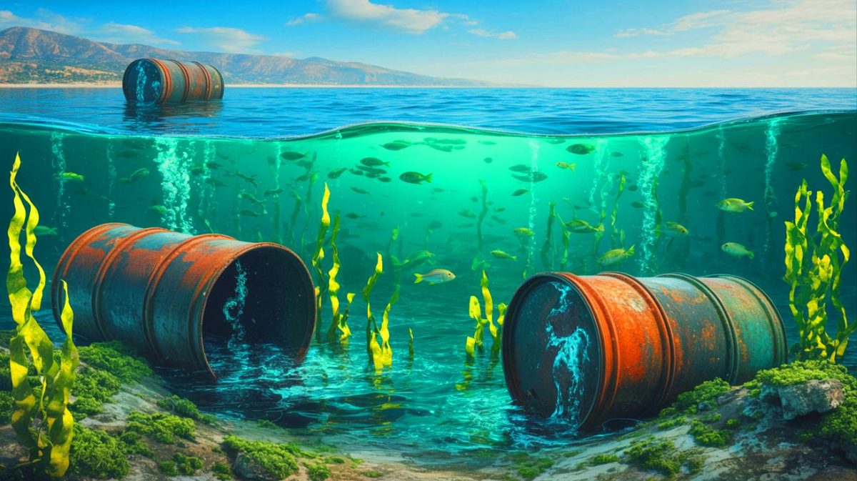 « Ils ont jeté 27 000 bombes chimiques dans l’océan » : ces barils radioactifs de Los Angeles créent des zones mortes sur des kilomètres entiers Illustration de barils industriels toxiques déversés au fond de l'océan.