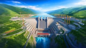 Illustration de la centrale hydroélectrique de Motuo en cours de construction sur le plateau tibétain.
