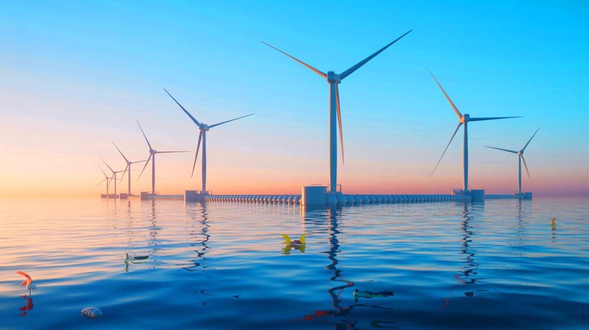 La France installe des éoliennes flottantes géantes de 10 MW qui alimentent 50 000 habitants et pulvérisent tous les records mondiaux Illustration de la première ferme éolienne flottante nature-inclusive en Occitanie.