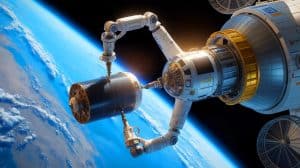 Illustration de la technologie robotique du NRL testée pour l'entretien des satellites en orbite géosynchrone.