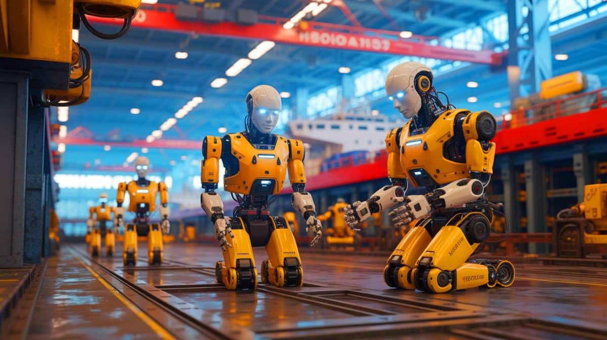 « Ces robots humanoïdes envahissent vos chantiers navals » : l’Amérique déploie des machines intelligentes qui remplacent les ouvriers et transforment l’industrie maritime Illustration de robots humanoïdes travaillant dans un chantier naval dans le cadre d'une collaboration entre ABS et Persona AI.