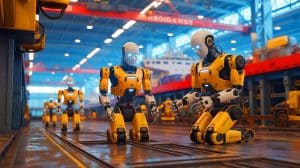 Illustration de robots humanoïdes travaillant dans un chantier naval dans le cadre d'une collaboration entre ABS et Persona AI.