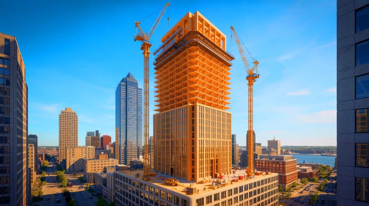 « L’inflation tue la plus haute tour en bois du monde » : ce gratte-ciel révolutionnaire de Milwaukee s’effondre avant même d’être terminé Illustration de la construction du gratte-ciel en bois Neutral 1005 N Edison St à Milwaukee.