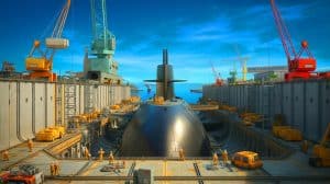 Illustration de la modernisation du chantier naval de Pearl Harbor pour accueillir les sous-marins nucléaires américains.