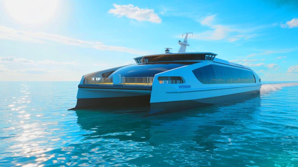 « Ce ferry géant fonctionne à l’hydrogène » : la Suède lance ce navire de 130 mètres pour 1 500 passagers qui révolutionne le transport maritime Illustration de la construction d'un ferry à hydrogène intégrant une propulsion hybride innovante.
