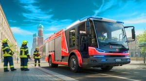 Illustration de l'adoption de camions de pompiers électriques par les pompiers de Munich.