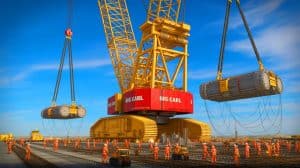 Illustration de la grue "Big Carl" en action sur le chantier du réacteur nucléaire EPR à Hinkley Point C.