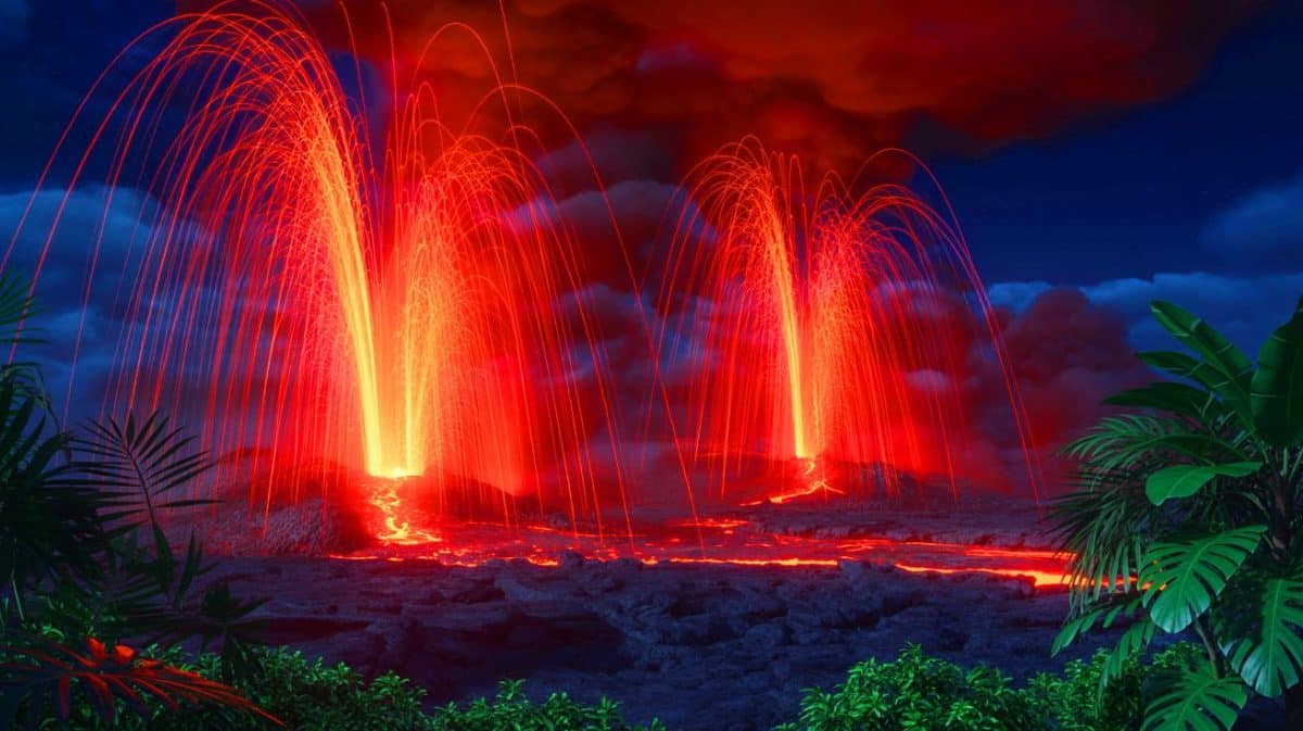 « Voir cette éruption me donne des frissons » : le volcan Kilauea projette des fontaines de lave de 30 mètres qui attirent 49% de visiteurs supplémentaires Illustration de l'éruption spectaculaire du volcan Kilauea à Hawaï, avec des fontaines de lave atteignant 30 mètres de hauteur.