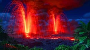 Illustration de l'éruption spectaculaire du volcan Kilauea à Hawaï, avec des fontaines de lave atteignant 30 mètres de hauteur.