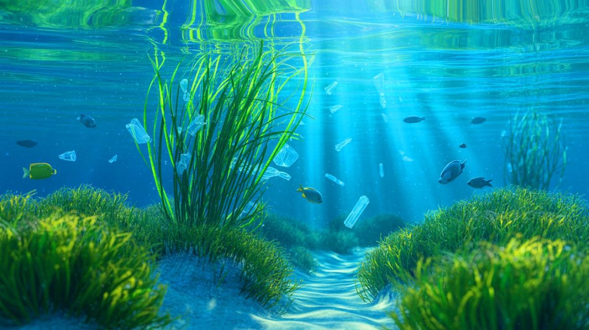 « Cette algue dévore 900 millions de plastiques par an » : l’herbe de Neptune fabrique des boules géantes qui nettoient la Méditerranée toute seule Illustration de l'herbe de Neptune capturant des fragments de plastique dans les océans.