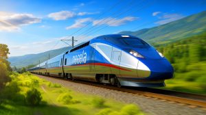 Illustration de la mise en service du NextGen Acela, le train à grande vitesse d'Amtrak conçu par Alstom aux États-Unis.