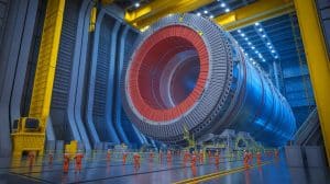 Illustration de l'installation du puissant aimant au cœur du projet ITER pour une énergie propre.