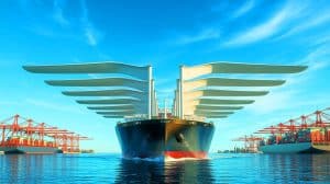 Illustration de Canopee, le premier navire à propulsion hybride, accostant au Port Canaveral pour livrer des composants spatiaux.
