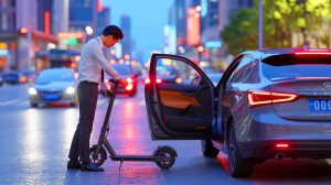 Illustration de l'innovation chinoise des chauffeurs désignés utilisant des scooters pliants pour ramener les automobilistes en sécurité.