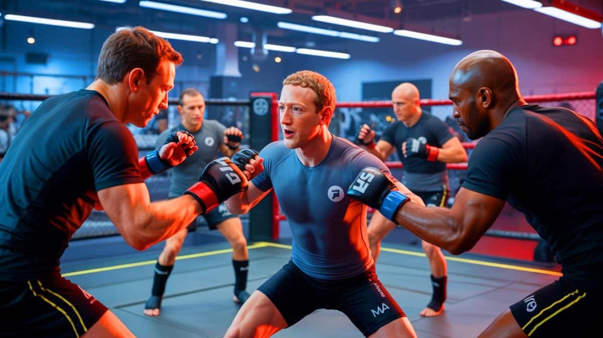 Mark Zuckerberg propulse ses employés dans des combats secrets de MMA : que cache cette stratégie radicale ? Illustration de Mark Zuckerberg s'entraînant au MMA avec des cadres de Meta.