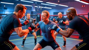 Illustration de Mark Zuckerberg s'entraînant au MMA avec des cadres de Meta.