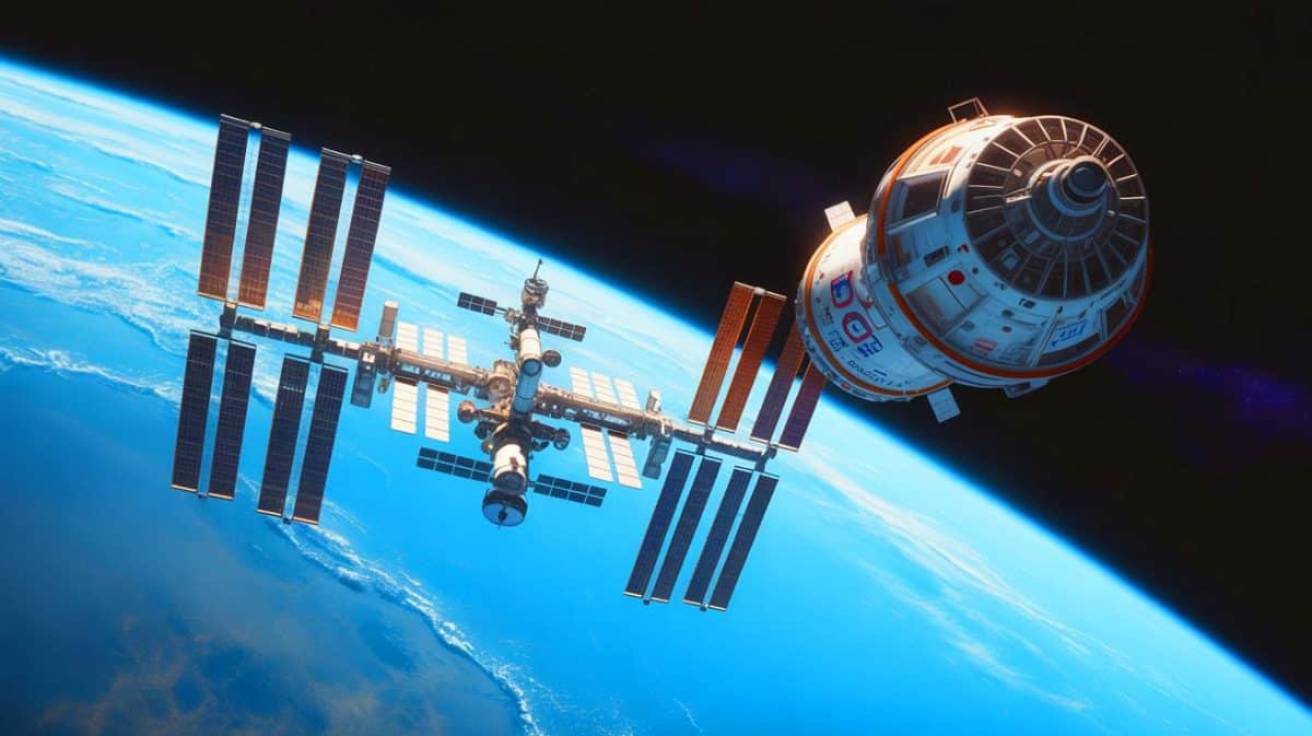 « L’ISS perd 5 tonnes de nourriture » : ce vaisseau spatial rate la station à 29 000 km/h et laisse vos astronautes sans ravitaillement crucial Illustration de la Station spatiale internationale en orbite autour de la Terre.