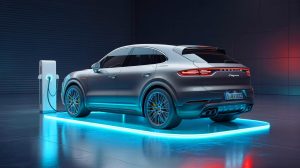 Illustration de la technologie de recharge sans fil pour le Porsche Cayenne électrique.