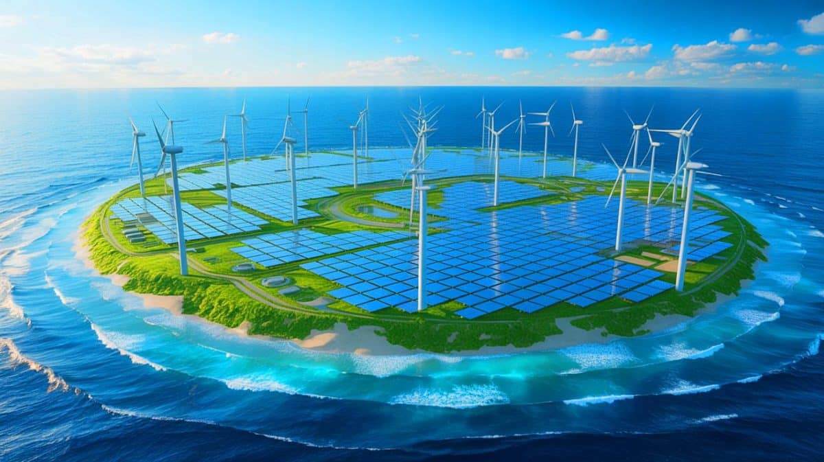Illustration de l'îlot énergétique en mer du Nord dédié aux énergies renouvelables.