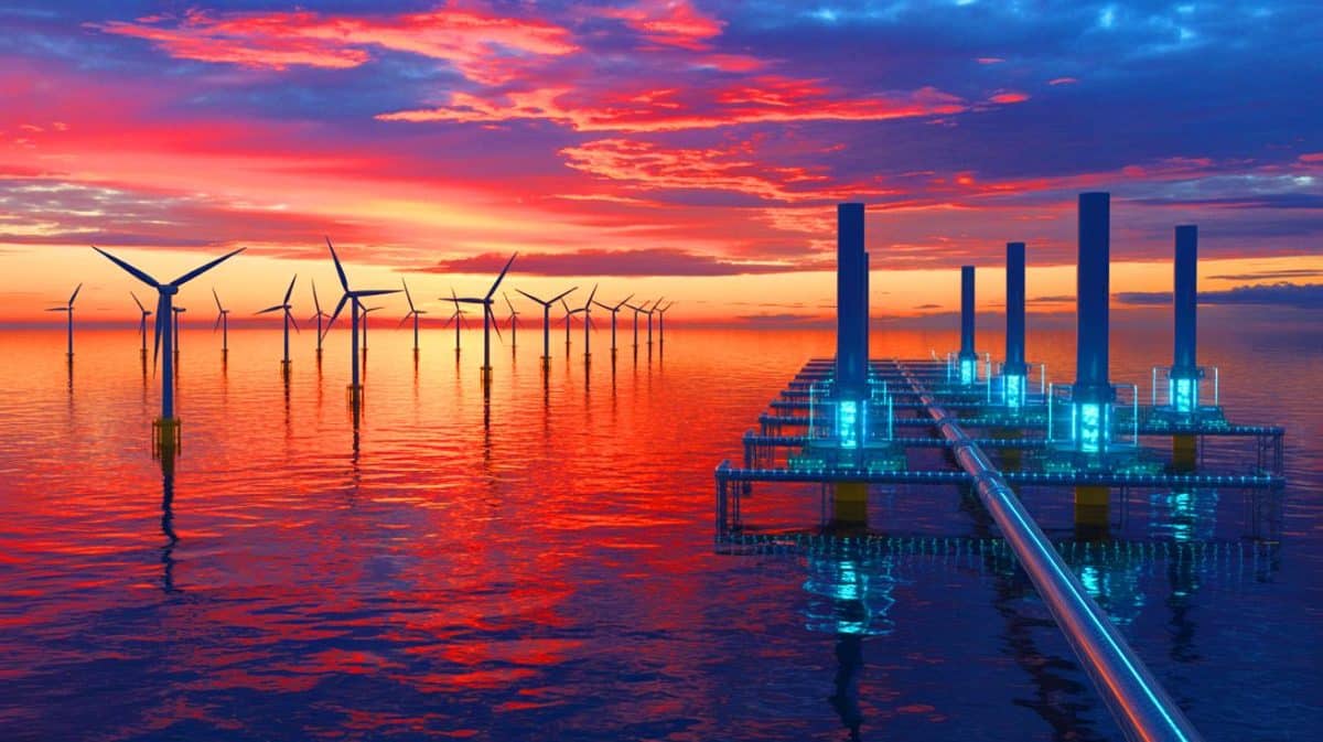 « Le plus grand trésor d’Europe dort sous la mer du Nord » : un gisement d’hydrogène vert capable d’alimenter des millions de foyers Illustration de la production d'hydrogène vert à partir de l'énergie éolienne en mer du Nord.