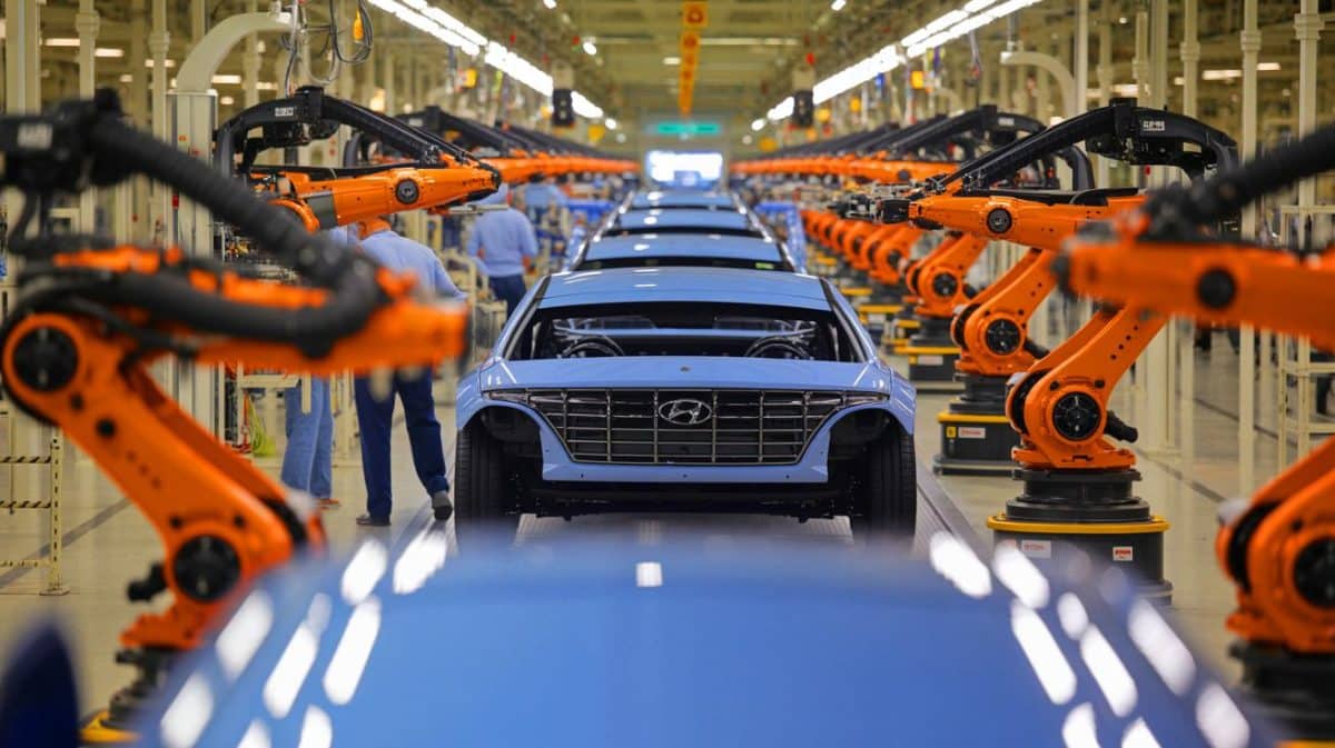 « Hyundai fabrique une voiture toutes les 10 secondes » : cette usine coréenne qui produit 1,5 million de véhicules stupéfie l’industrie mondiale Illustration de l'usine Hyundai à Ulsan produisant une voiture toutes les 10 secondes.