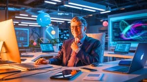 Illustration de Bill Gates partageant ses conseils sur la confiance en soi et le succès personnel.