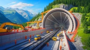 Illustration de la construction du tunnel de base du Brenner sous les Alpes, symbole de la mobilité durable en Europe.
