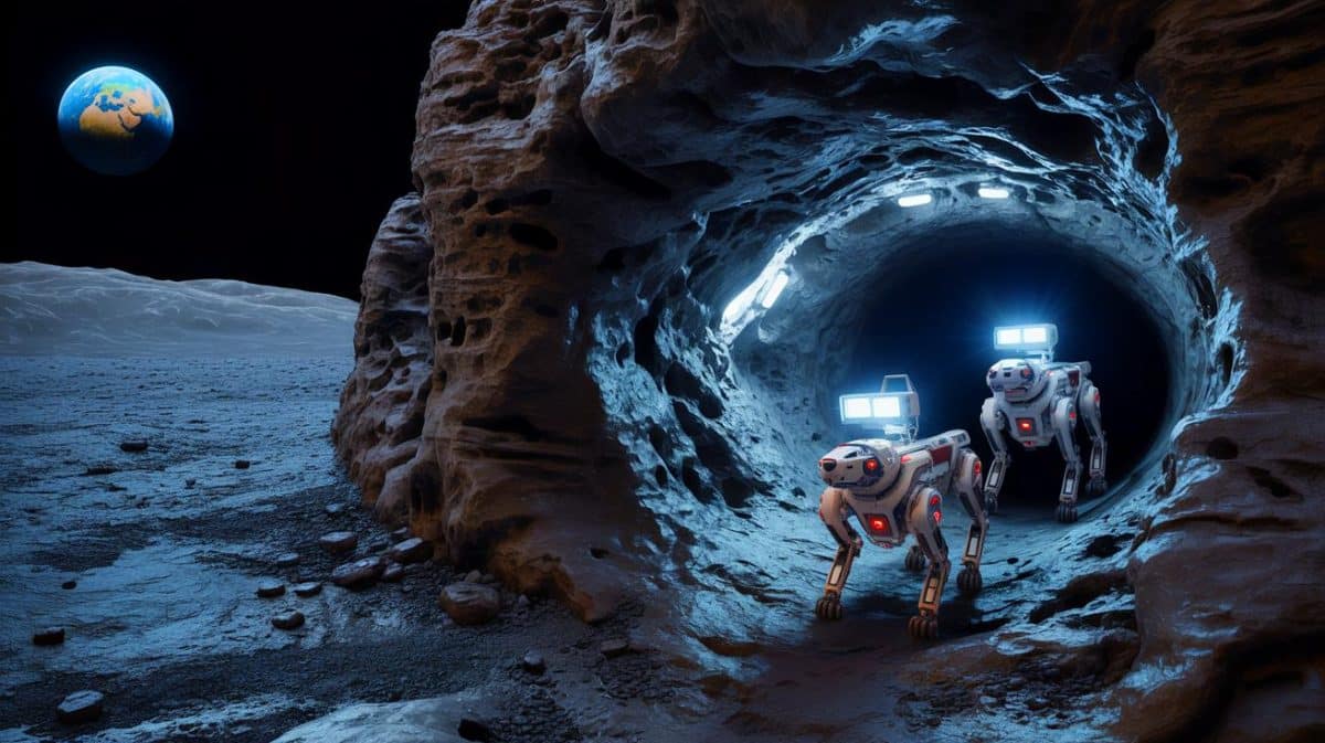 « On dirait un film de science-fiction » : ces chiens-robots chinois explorent les tunnels lunaires (et préparent les futures bases humaines) Illustration de chiens-robots explorant des tunnels lunaires pour préparer de futures bases spatiales.